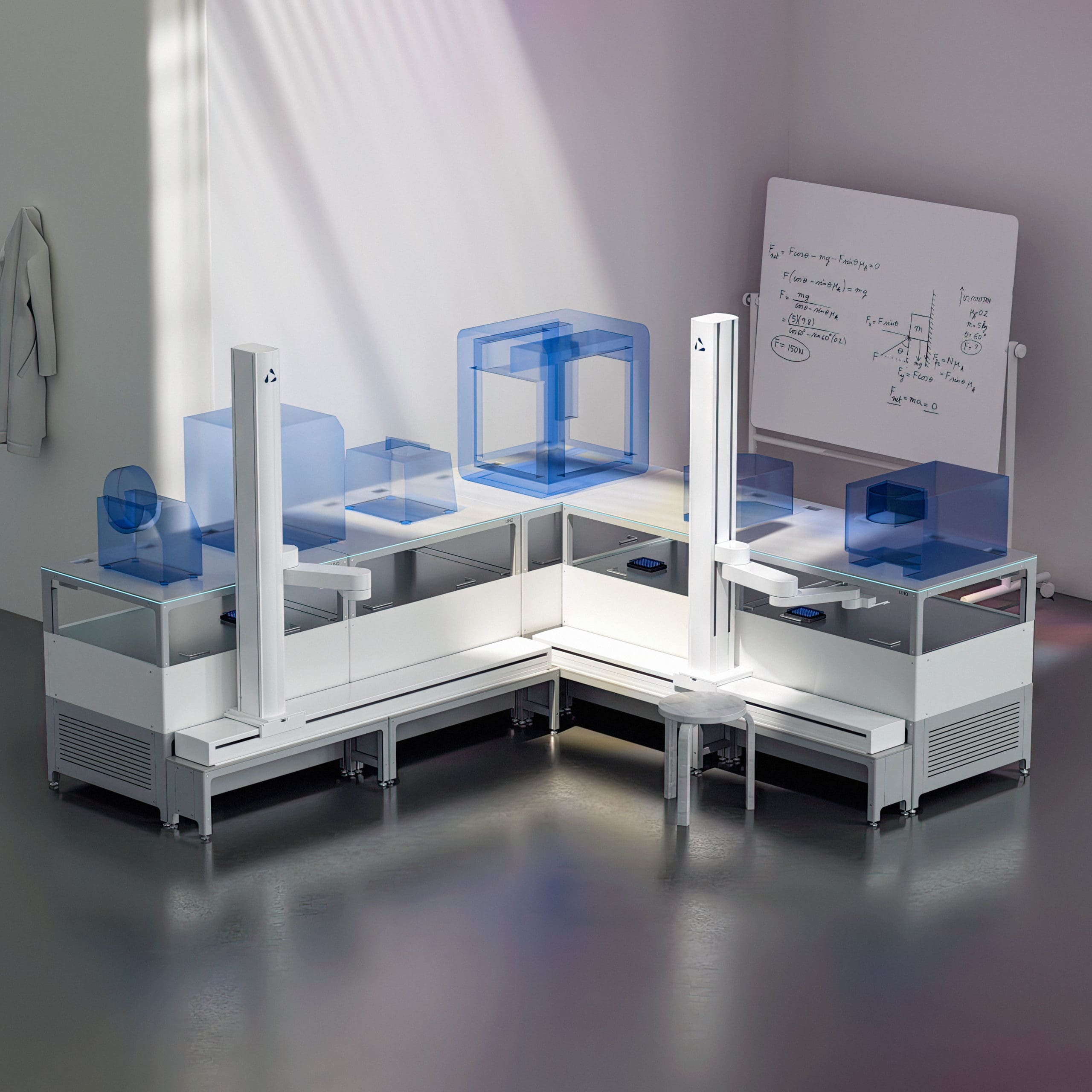 A render of 5 Automata LINQ benches in a corner L-shape configuration in a laboratory.