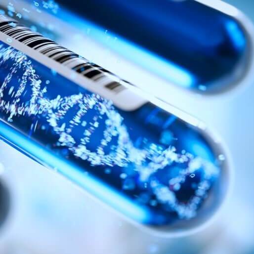 Stock image of DNA strands in a test tube.