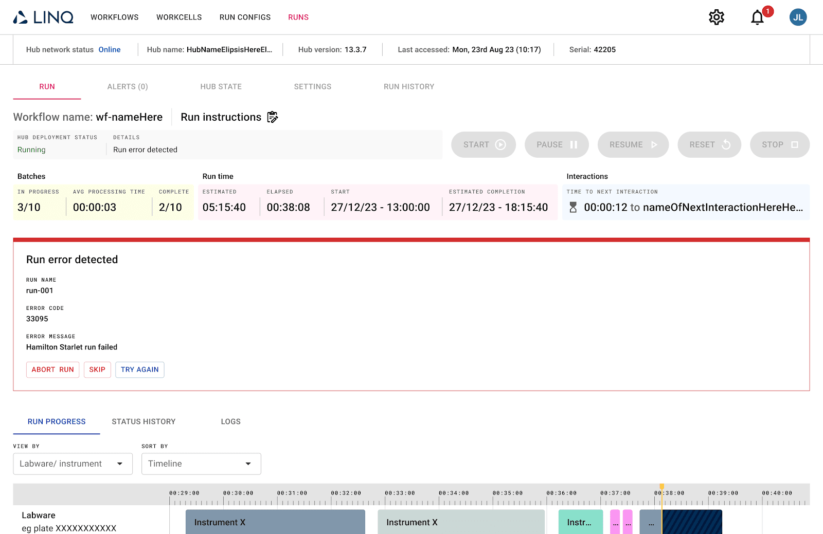 A screenshot of LINQ Cloud showing an error notification