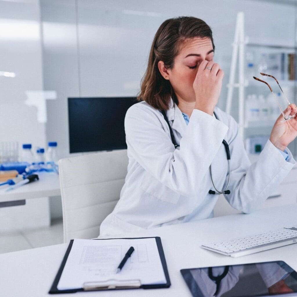 A woman looking frustrated at a laptop holding her glasses