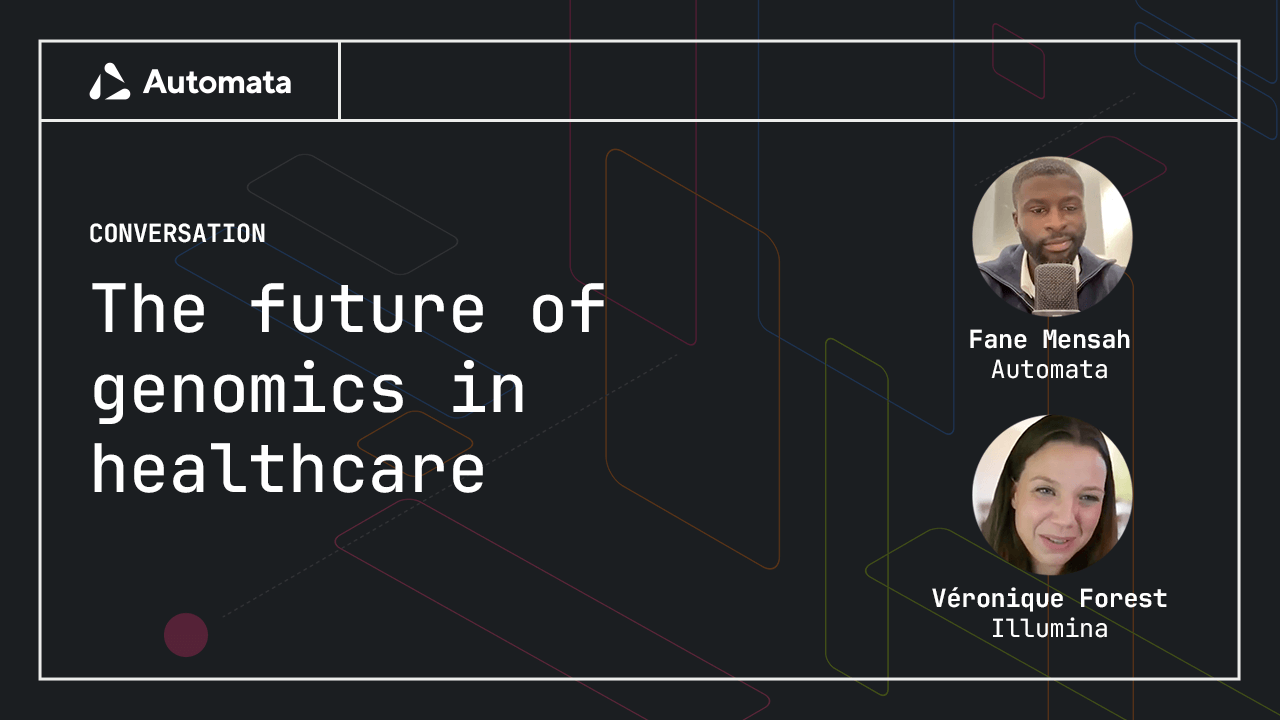 Headshots of speakers and text: the future of genomics in healtchare