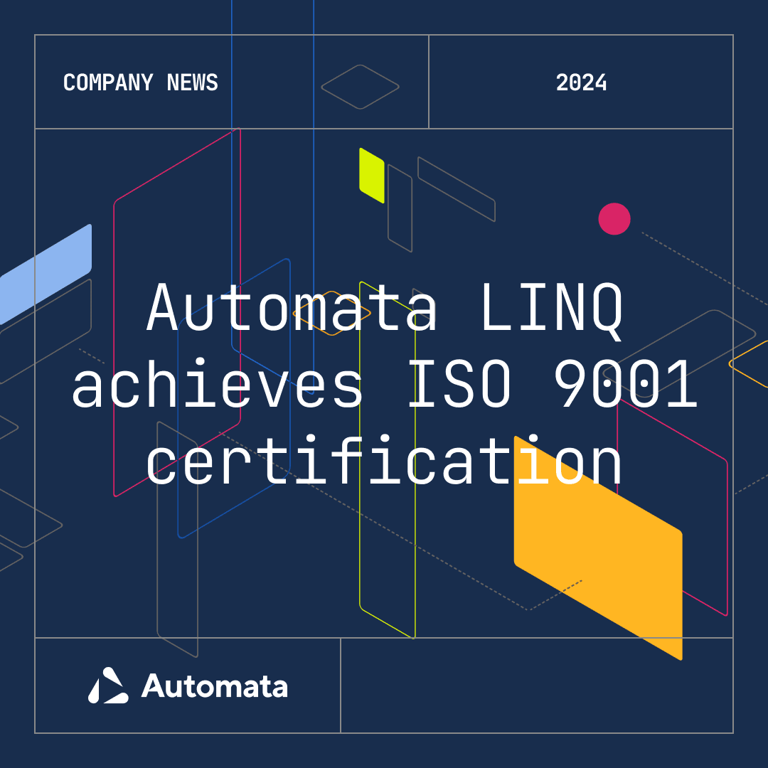 White text saying Automata LIQ chieves ISO 9001 certification on blue background